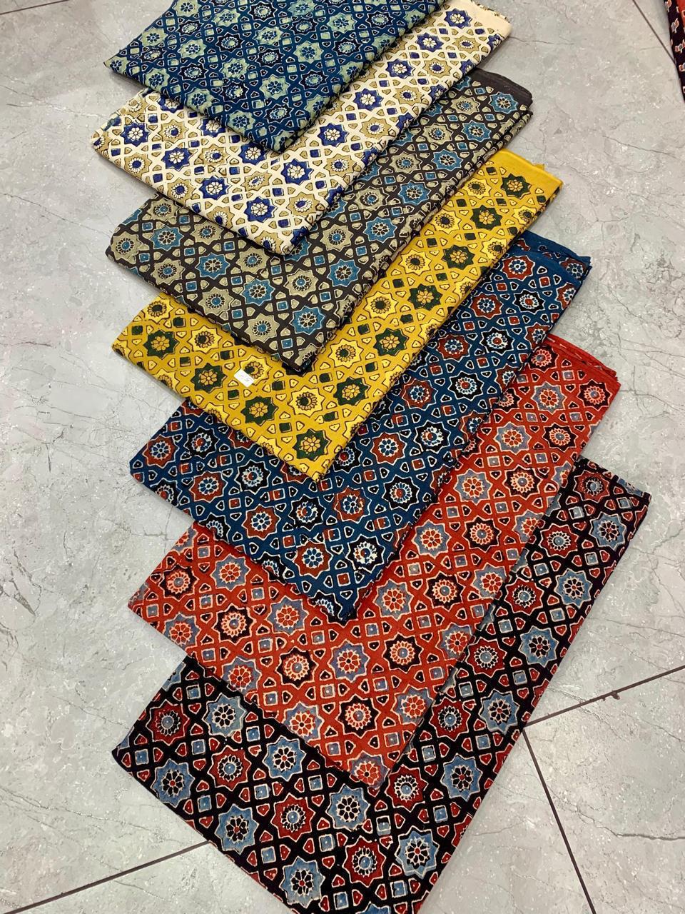 Ajrakh pure cotton handblock printed fabric in cream base with traditional handblock designs